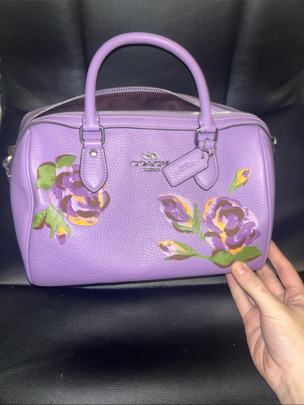 Coach Purple Floral Leather Satchel with Painted Roses